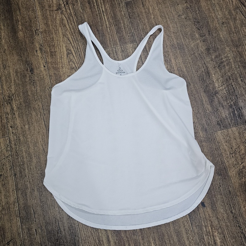 prAna White Mesh Racerback Tank Top Women's Size M Curved Hem Athletic Yoga gym